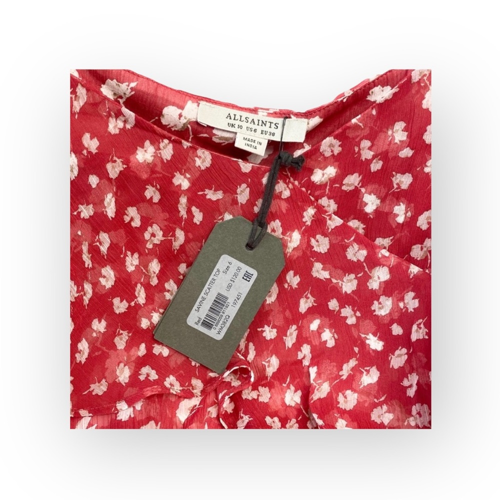 new Allsaints ꕥ Off Shoulder Ruffled Silk Floral Print Top ꕥ Red ꕥ Wear 2 Ways - Picture 3 of 16